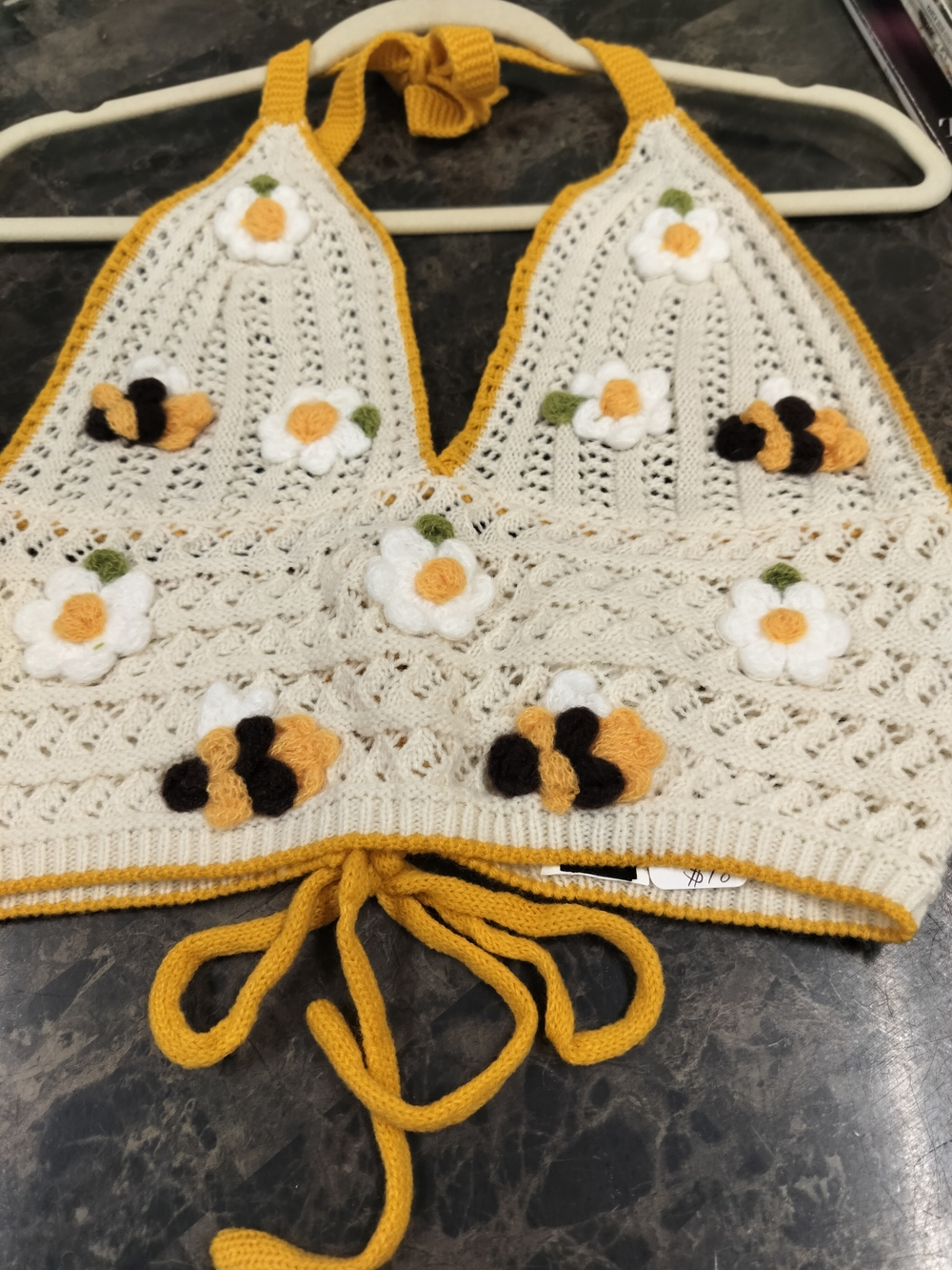 Handmade Crochet Halter Top with Bees & Flowers - Cream & Mustard - Picture 1 of 9